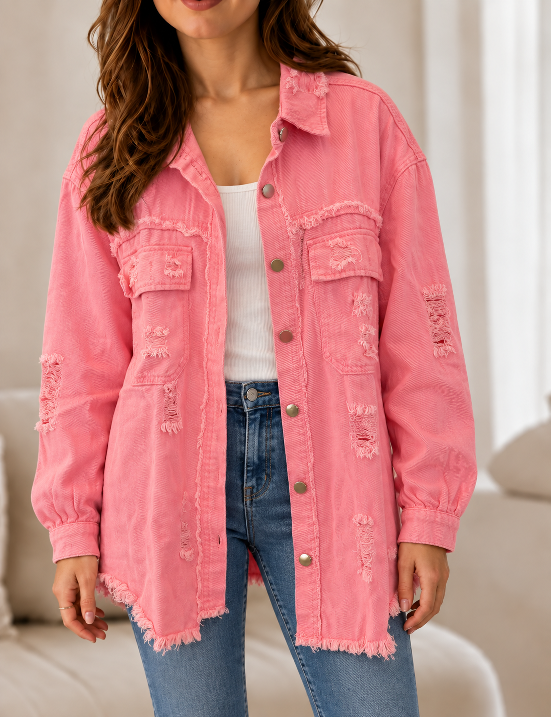 Distressed Denim Button Up Jacket - Pink