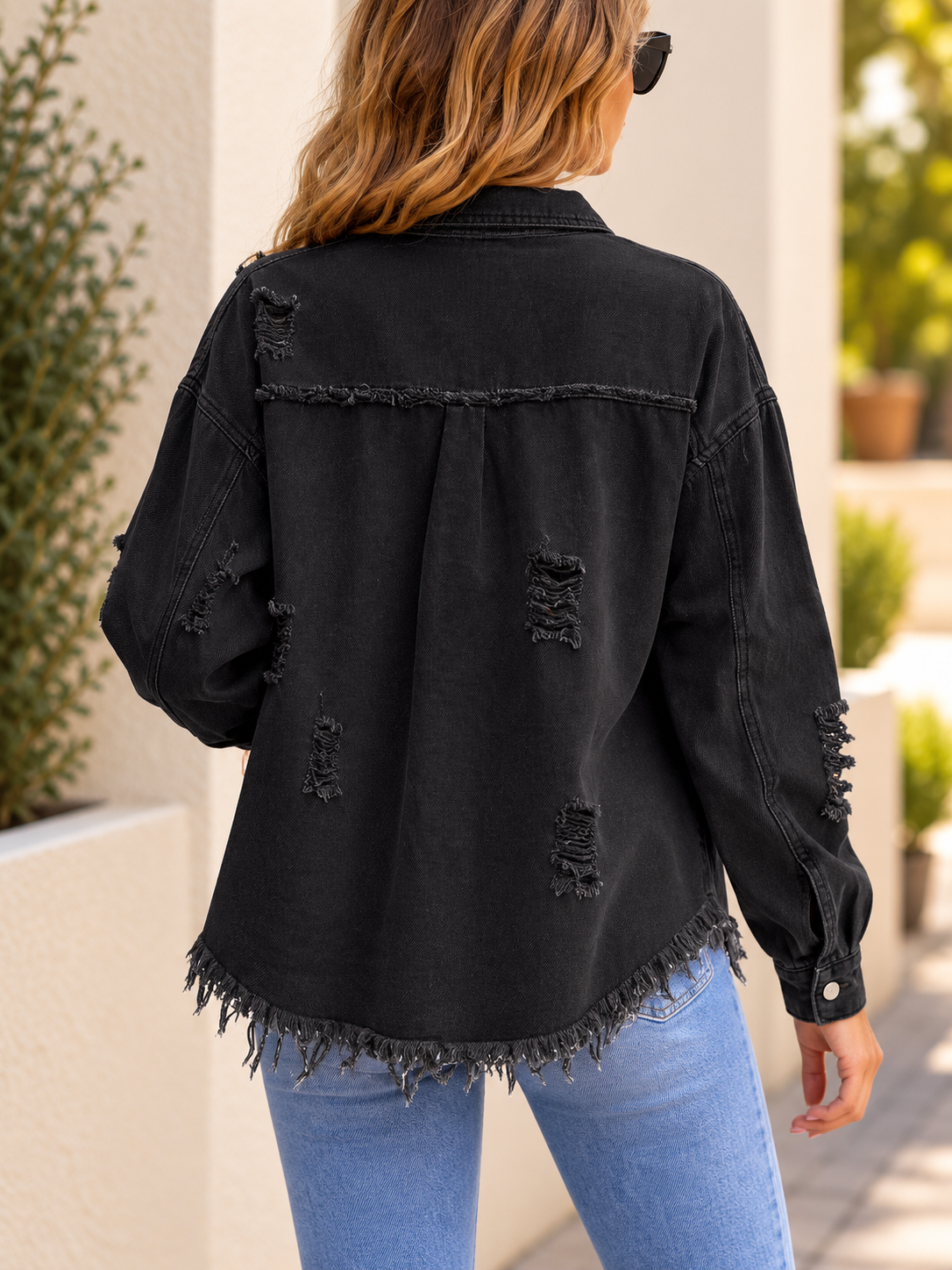 Distressed Denim Button Up Jacket - Black