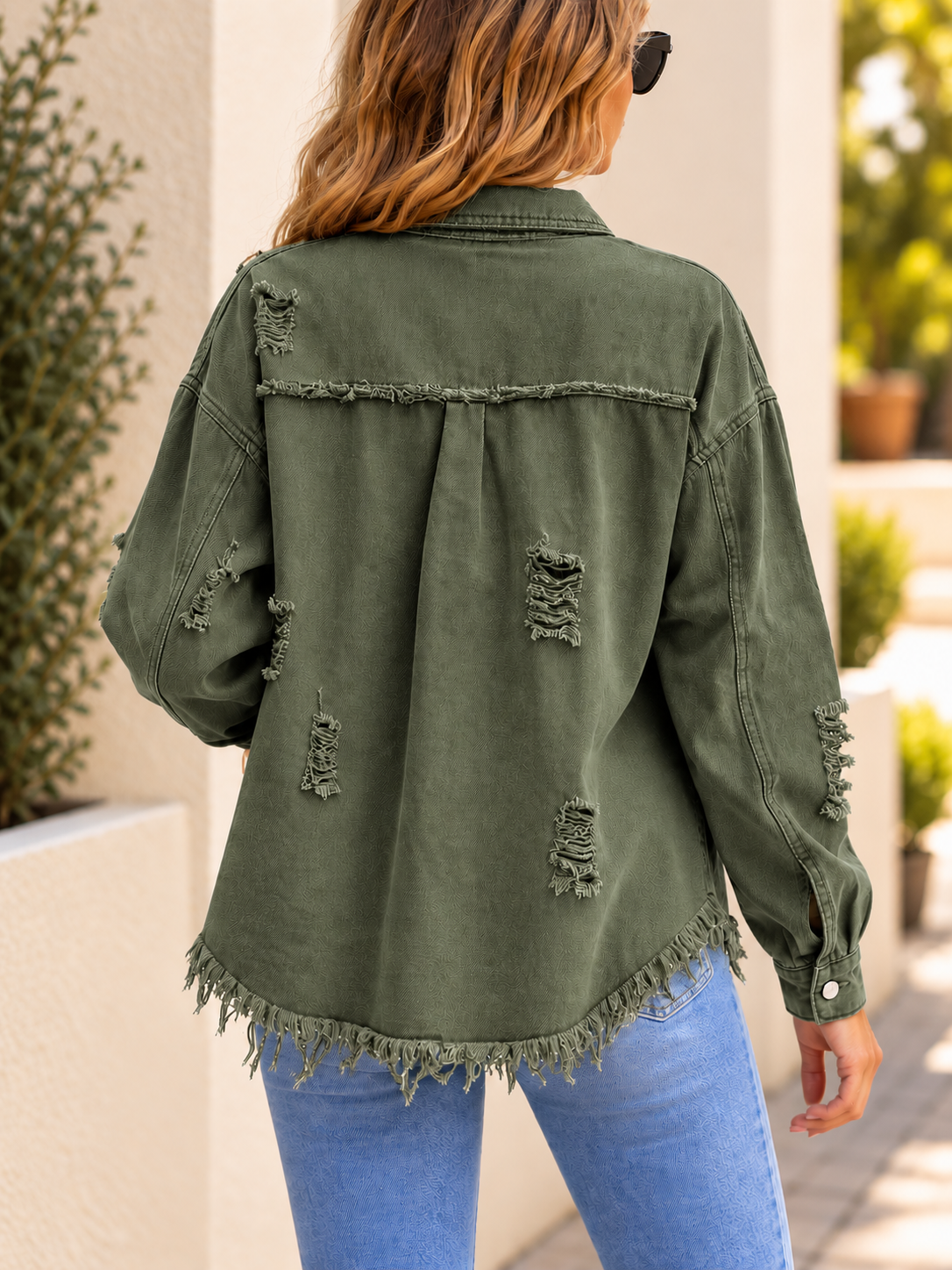 Distressed Denim Button Up Jacket - Olive
