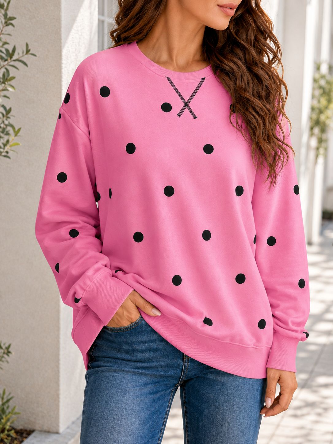 Polka Dot Crewneck Sweatshirt - Pink