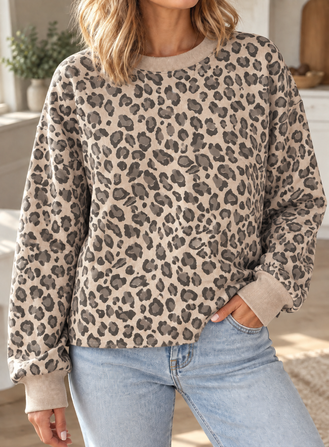 Fleece Lined Leopard Crew Neck Sweater