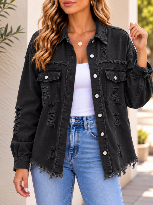 Distressed Denim Button Up Jacket - Black