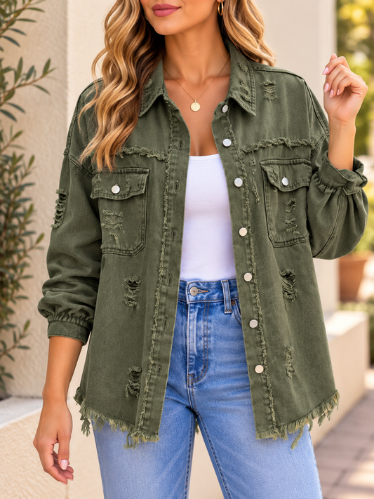 Distressed Denim Button Up Jacket - Olive