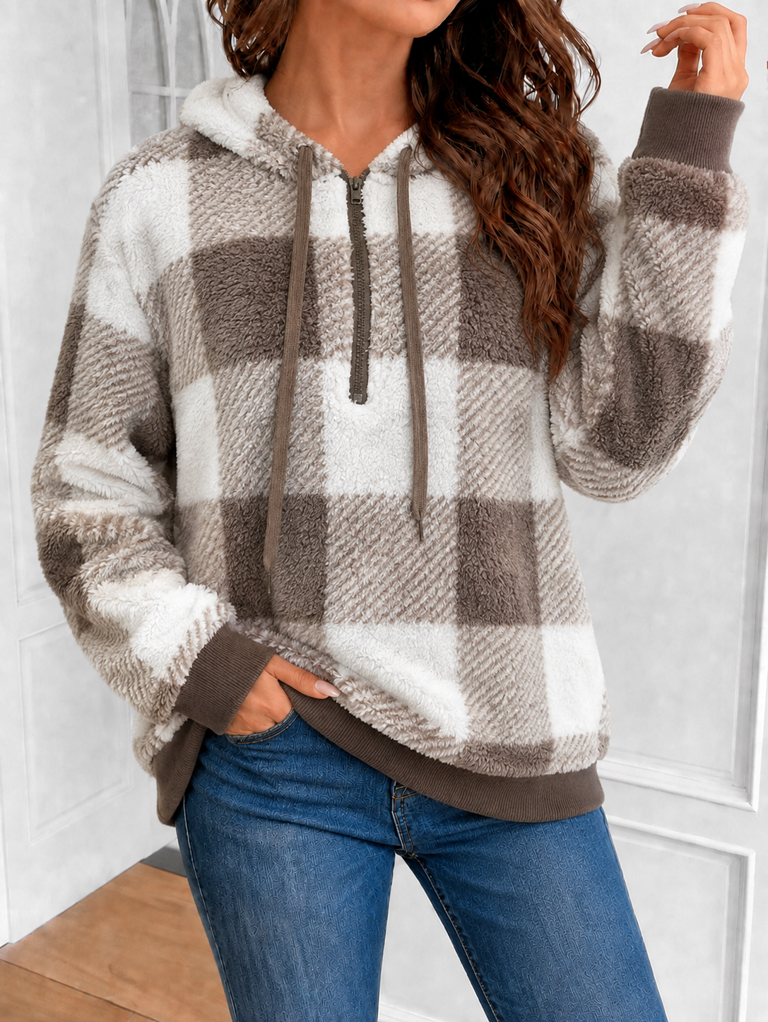 Plaid 1/4 Zip Pullover - Brown