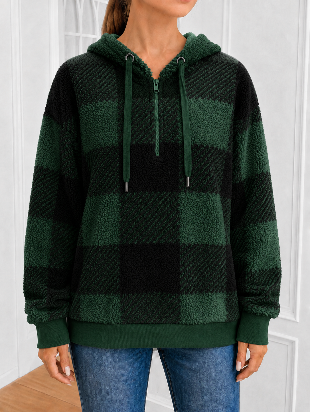 Plaid 1/4 Zip Pullover - Dark Green