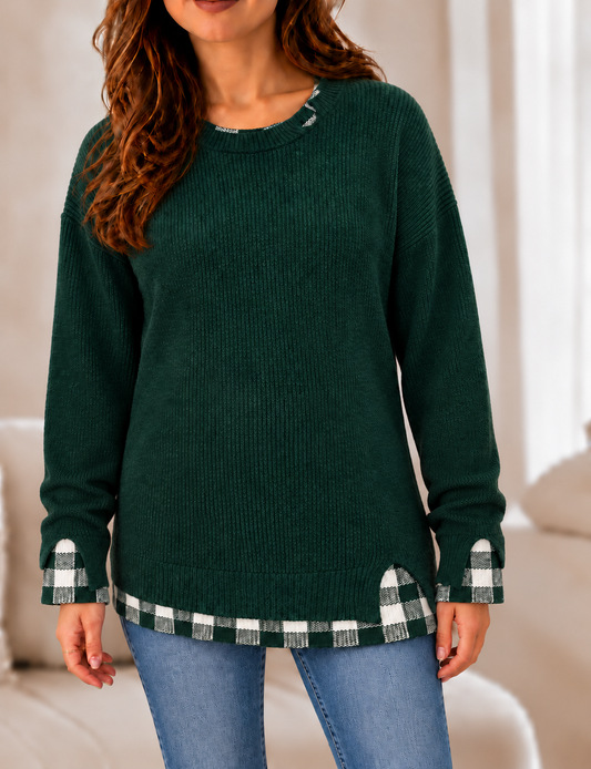Plaid Trim Crewneck Knit Sweater