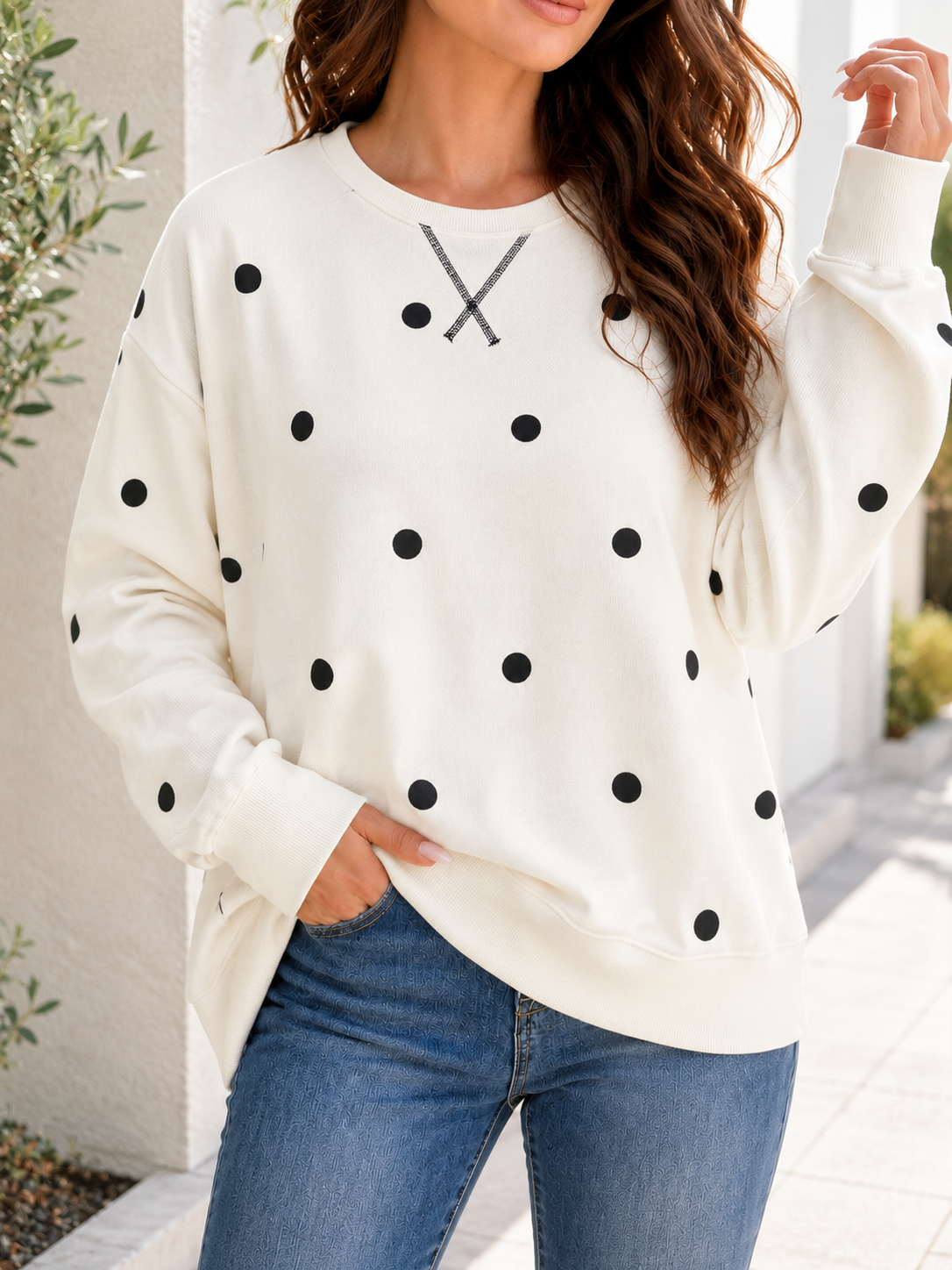 Polka Dot Crewneck Sweatshirt - Ivory
