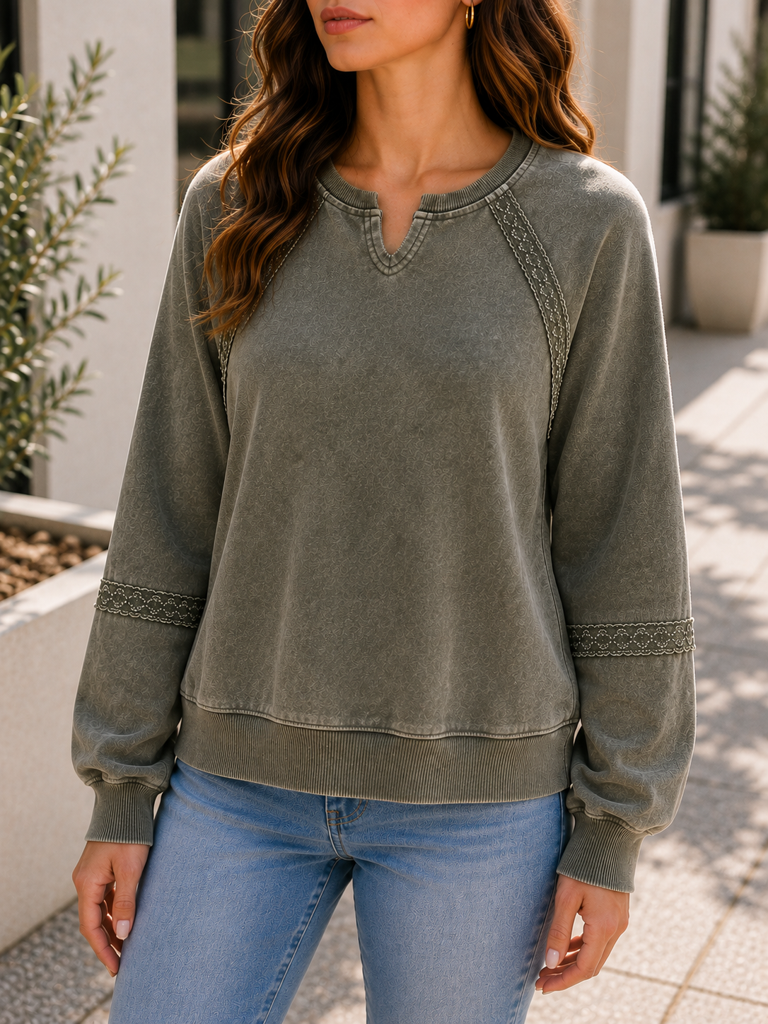 Vintage Charm Washed Lace Trim Sweatshirt