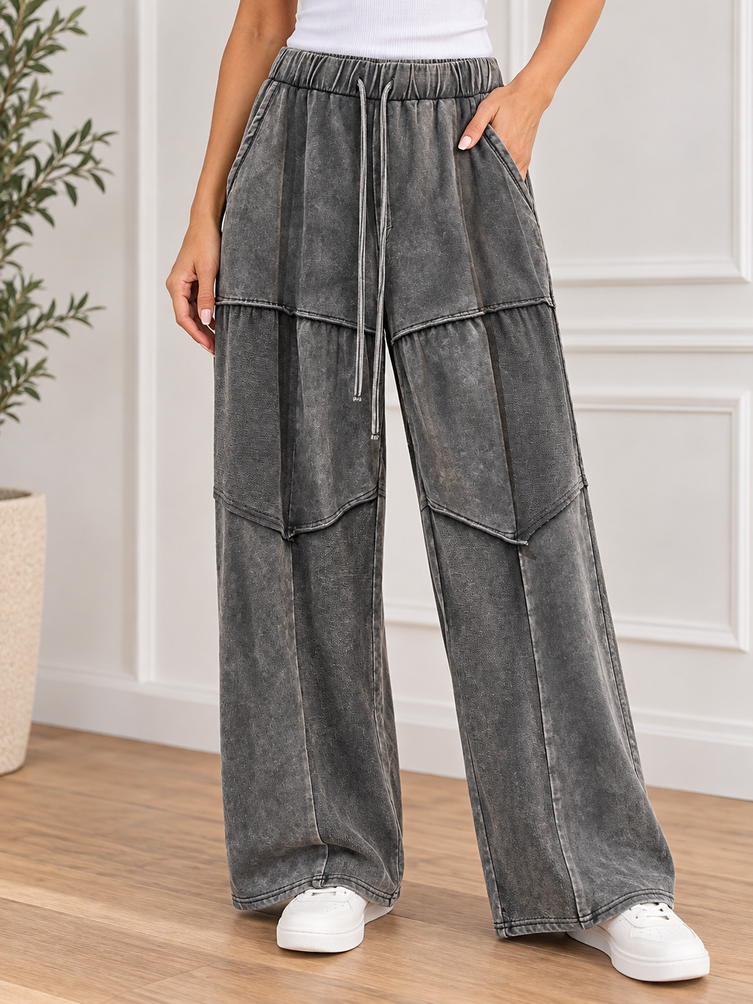 Washed Seam Detail Drawstring Pants - Gray