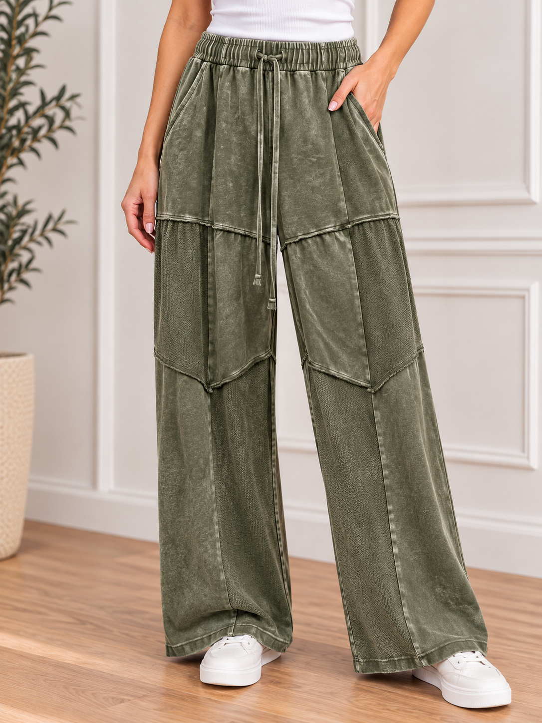 Washed Seam Detail Drawstring Pants - Olive
