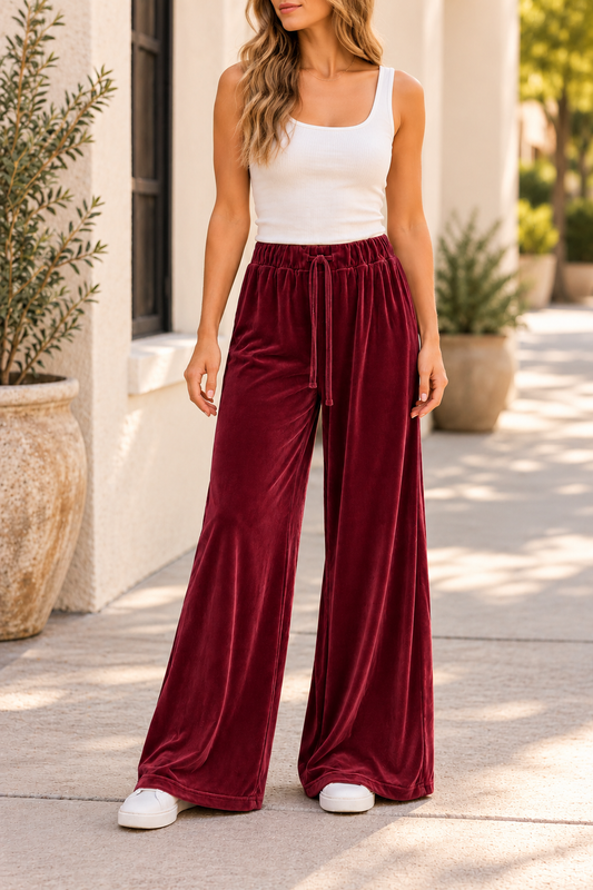 Wide Leg Drawstring Velvet Pants - Burgundy