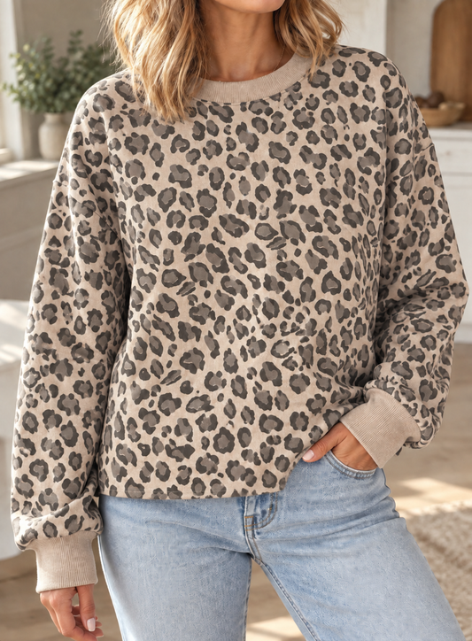 Fleece Lined Leopard Crew Neck Sweater